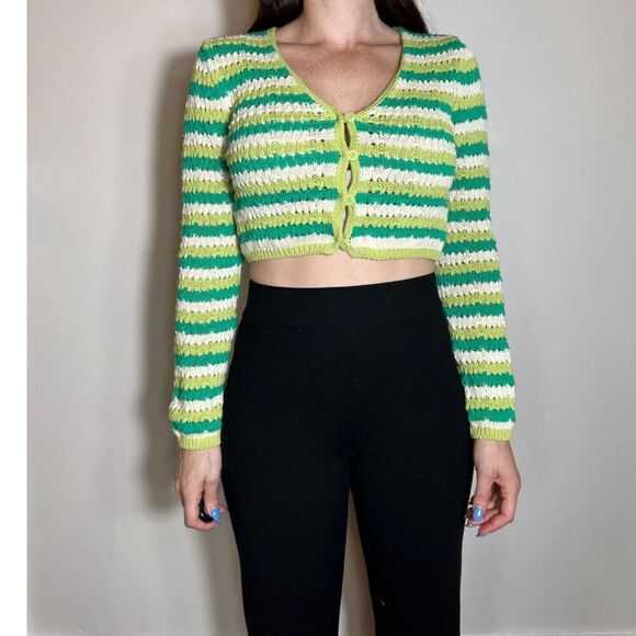 Zara Green White Crochet Striped Button Down Cropped Sweater Size Small - Picture 1 of 6